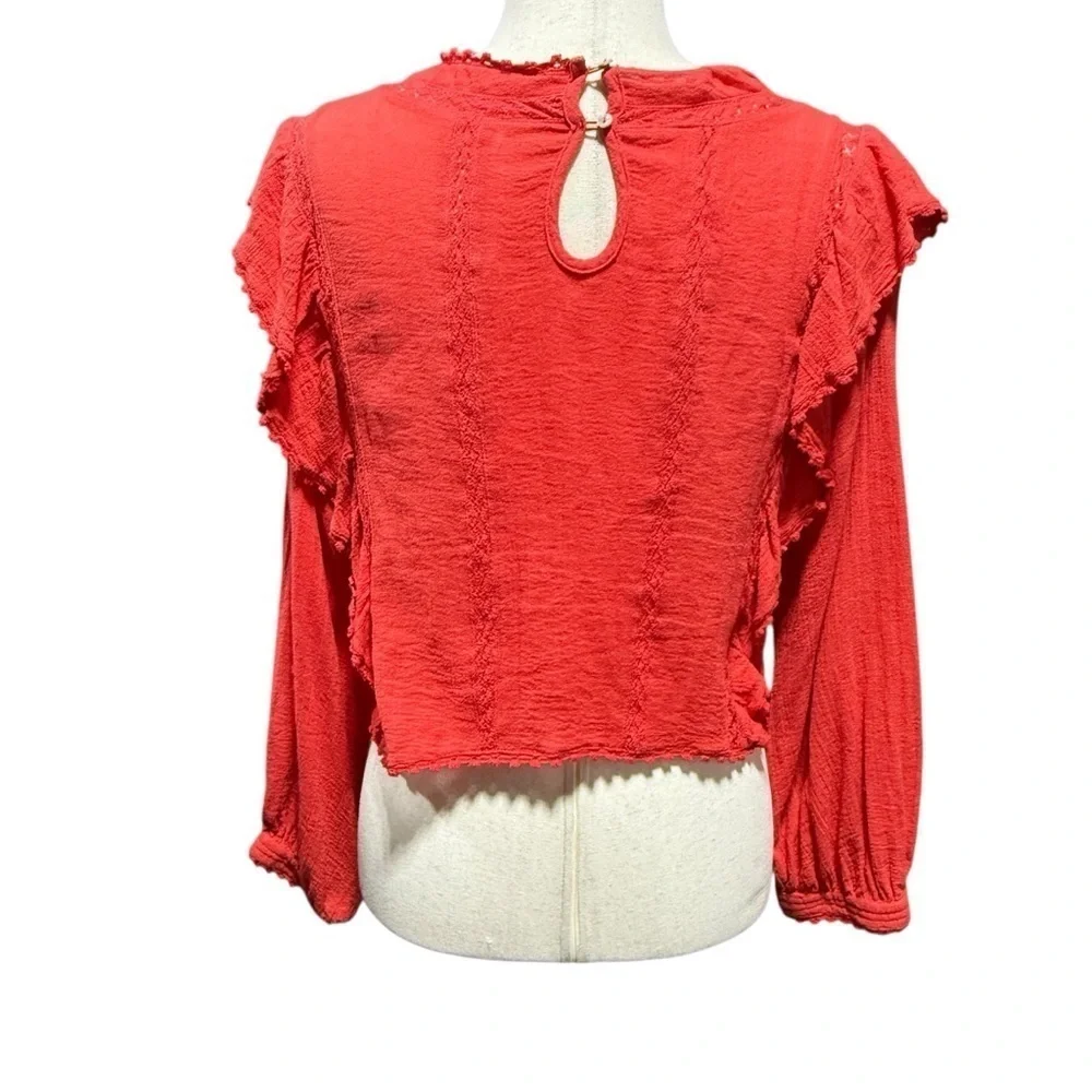 Free People The Amy Red Floral Embroidered Top Long Sleeve Sz XS Boho Ruffles